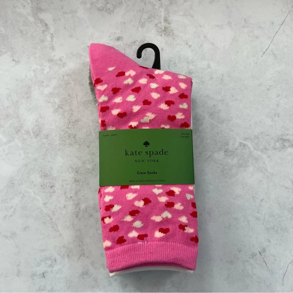 NWT Kate Spade Pink and Red Heart Crew Socks 3PK